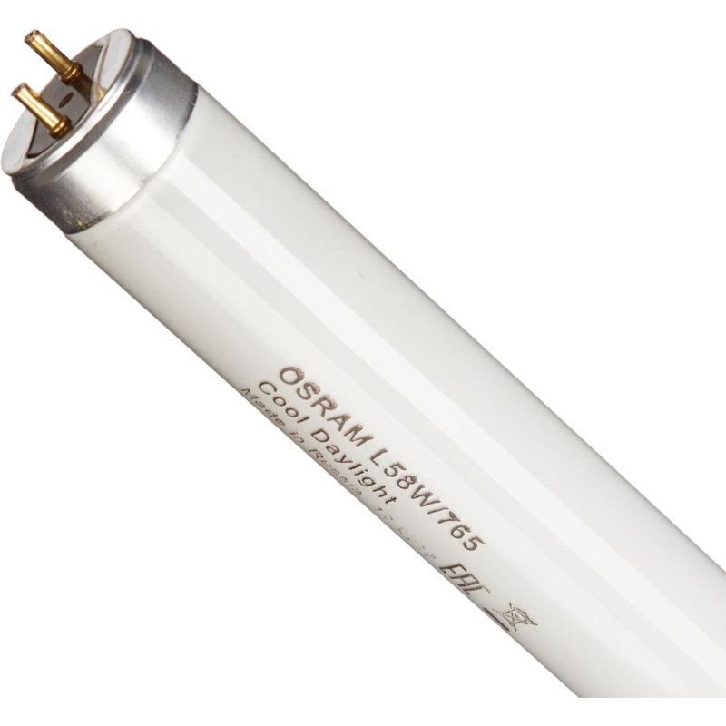 OSRAM L58W/765 T8 TUBE - Long fluorescent T8 tube with warm white light and extended lifespan for large indoor areas requiring efficient illumination